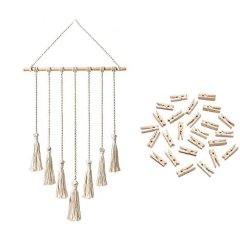 Marco de fotos bohemio con colgador de macramé y 25 pinzas de madera – Portafotos decorativo de cordón de algodón, 65 x 40 cm, regalo creativo para mujeres.