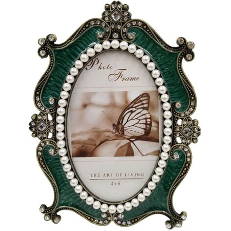 Marco de fotos de metal vintage, ovalado, retro, con borde de perla, decorativo, de sobremesa, 15 cm