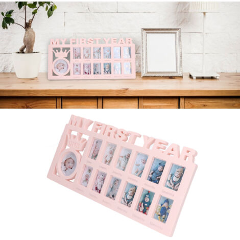 Marco de fotos para recién nacidos, resistente y elegante, con 12 mini marcos para fotos mensuales del bebé, fabricado en plástico, 39 x 18,5 cm, rosa.