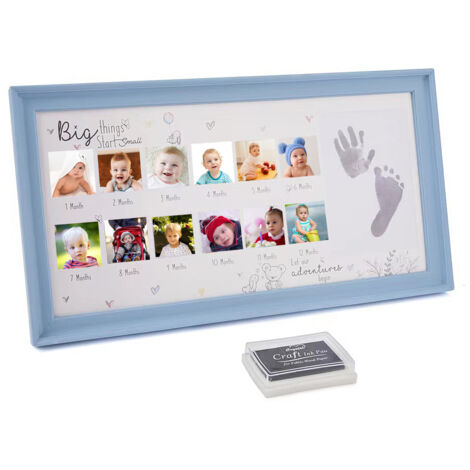 Marco de fotos para recuerdos de bebé con 12 compartimentos y almohadilla de tinta – PVC, blanco/rosa/azul, 39 x 21 cm, 400 g