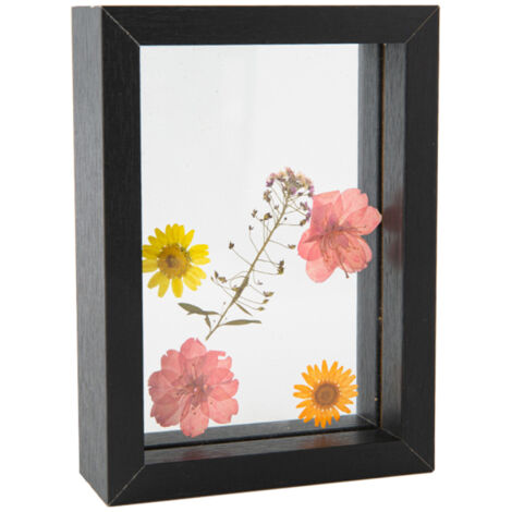 Marco de madera con frontal de cristal, decorado con flores y hojas secas, ideal para una foto de boda o para decorar una oficina (Negro - 20 x 25 cm).