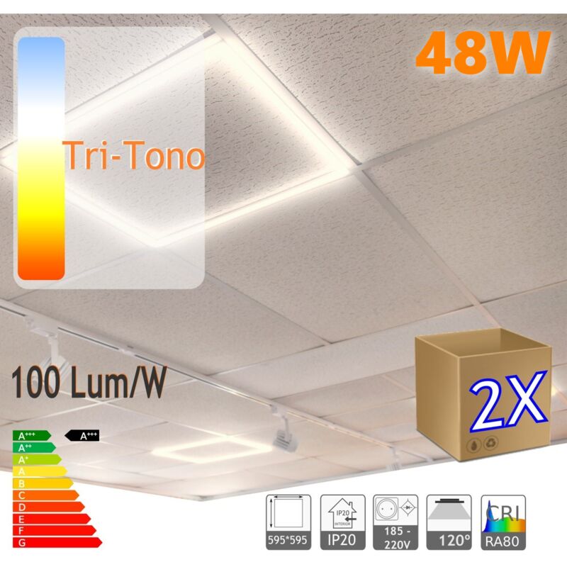

2X Marco luminoso panel led cuadrado 60x60cm tri color 6000-4000-3000K cambio automático 36W 4800 lumenes (=250W) falso techo 60x60 panel led led