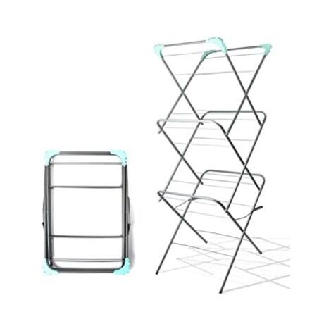 Marco Paul 3 Tier Clothes Airer with 20 Clothes Pegs Towel Washing Laundry Dryer Concertina Folding Fold Down Indoor Outdoor Patio Laundry Space Saving Clothes Rack Drying Standing (SILVER)