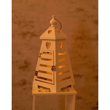 Marco Paul LED Wooden Lantern White Heart Flameless Candle Holder Pyramid Home Decoration Rustic Free Standing Pre Lit Light Up Lantern Indoor Home D�cor Hanging Battery Operated Lighting