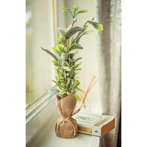 Marco Paul Rustic Artificial Christmas Tree in Burlap Sack Decorative Festive Xmas Faux Foliage Home Decoration Festive Décor Xmas Indoor Ornament Table Centrepiece (Mistletoe Tree)