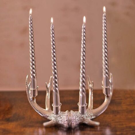 Marco Paul Set of 4 Silver Twist Taper Candles Long Burn Tall Church Candle Christmas Decor Lighting Candle Light Long Lasting Festive Wedding Event Dining Party Display Centrepiece Metallic 25cm
