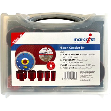 Marcrist Kit complet carrelage 125 mm + 1x coupe-carreau + 5x forets à carrelage + 10x disque à tronçonner inox + 1x bride de changement rapide ( 3999.101.354 ) + Coffret