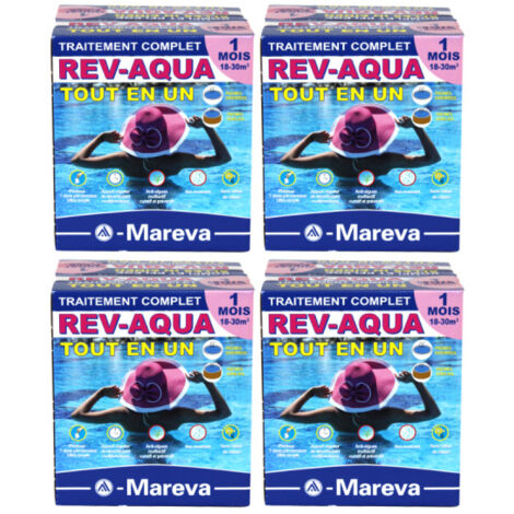 Mareva – Kit de traitement complet pour piscine 18 à 30 m3 – 4 mois – 4 doses d'algicide + 4 sachets de chlore – Sans odeur, non moussant