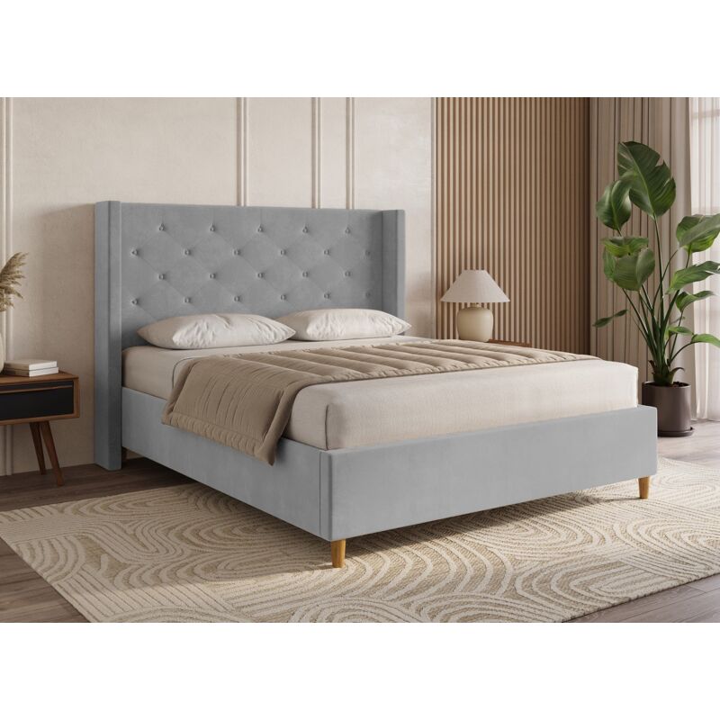 Deco In Paris - mareva - Lit double en velours capitonné gris mareva 180x200 cm