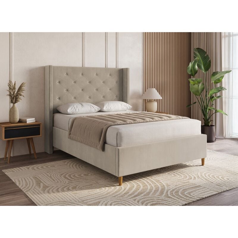 Deco In Paris - mareva - Lit double en velours capitonné taupe mareva 140x190 cm