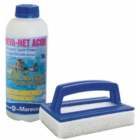 Mareva – Pack nettoyage piscine – Brosse éponge nylon 15,5 cm – Nettoyant acide multi-surfaces 1L – Élimine dépôts calcaires et rouille