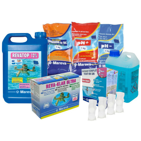 MAREVA Pack Rev-Aqua Kit 10 a 18 m3 - algicida Ravatop 12% - cartuchos clarificadores Reva-klar - estabilizador de pH -