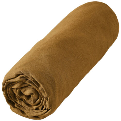 MARGAUX - Drap Housse 140x190cm Lin Lavé Coloris Caramel