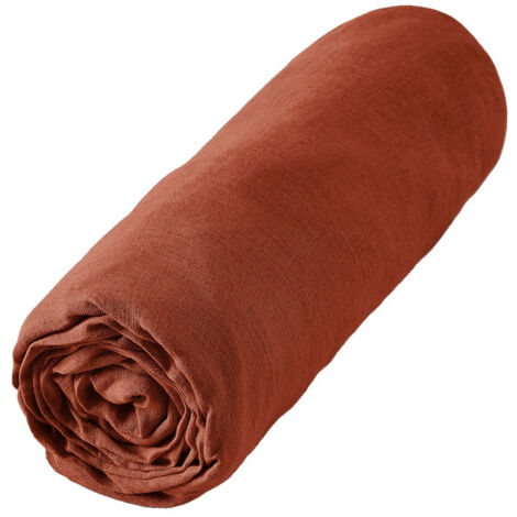 MARGAUX - Drap Housse 140x190cm Lin Lavé Coloris Paprika
