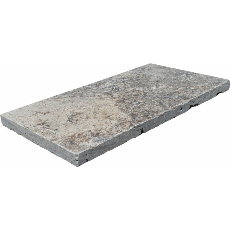 Margelle 3cm Travertin 1er Choix - Silver - 33x61x3cm Bord Droit - Vieilli - Vendu à l'unité
