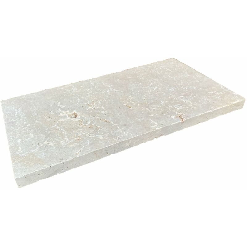 Stone By Stone - Margelle 3cm Travertin Rustique - Mix Beige - Angle Rentrant 33x3cm Bord Rond - Vieilli - Vendu à l'unité