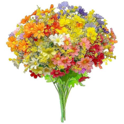 Marguerite, lot de 6 fleurs artificielles en plastique, arbustes verts multicolores pour intérieur et extérieur, style ferme ou jardin.