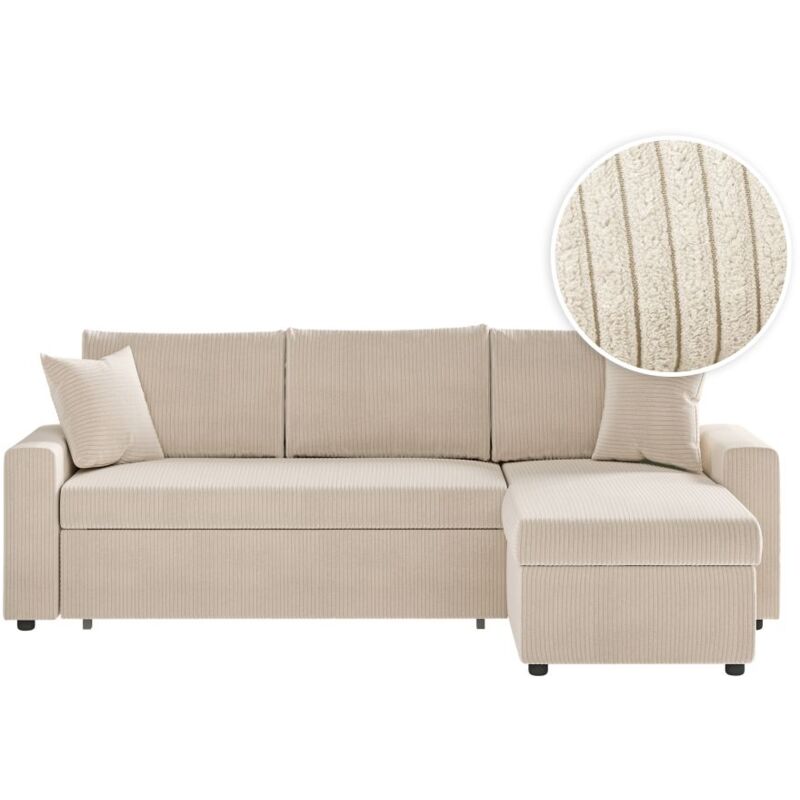Loungitude - maria - Canapé d'angle réversible, convertible en velours côtelé large avec coffre - Ecru