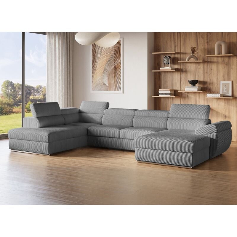 Deco In Paris - mariano - Canapé panoramique convertible avec coffre en velours côtelé épais gris mariano- Angle droit