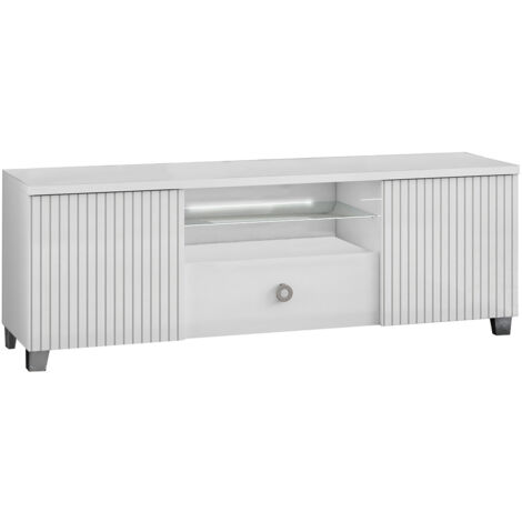 MARIKA - Meuble TV 2 Portes Laqué Blanc avec Leds