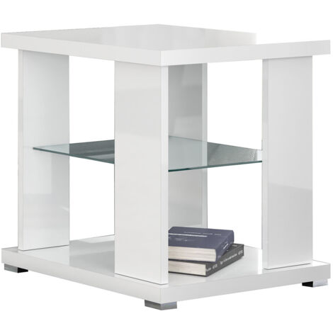 MARIKA - Table d'Appoint Laquée Blanche avec Etagère Verre