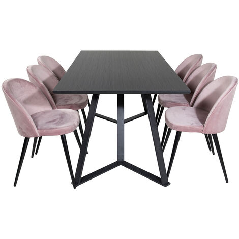 MarinaBLBL Essgruppe Esstisch schwarz und 6 Velvet Esszimmerstühle Velour pink, schwarz.