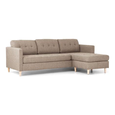 EBUY24 Marino Sofa, Canapé avec chaise longue réversible à droite ou à gauche, en tissu brun clair avec pieds en bois.