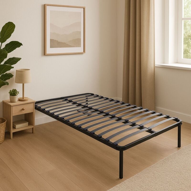 marion - Sommier Noir Cadre a lattes Renforcé et Soutien Réglable + Pieds 140x190 x 29 cm en Metal - Montage Rapide et Facile - epaisseur du Metal