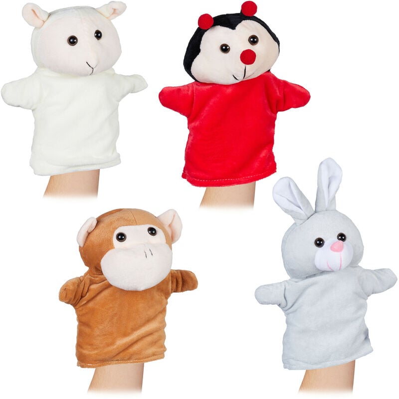 Marionnette à main, en lot de 4, singe, lapin, coccinelle, mouton, toute douce, pour enfant, multicolore - Relaxdays