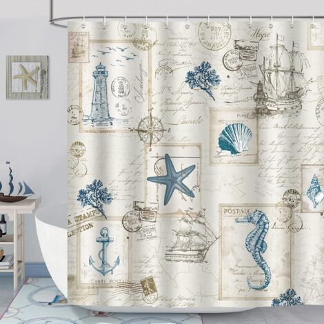 Maritimer Duschvorhang im Küstenstil, Vintage, Meer, Strand, Muscheln, Seepferdchen, Leuchtturm, Badezimmerdekoration, 180 x 180 cm, wasserdichter Polyester-Duschvorhang mit 12 Haken