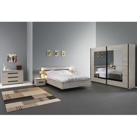 Chambre à coucher enfant/ado (lit 140x200 cm + 2 chevets + armoire),  coloris graphite/effet acier - Conforama