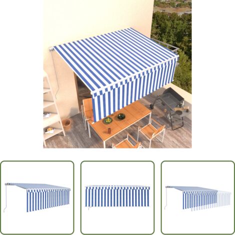 Markise Einziehbar - Markise Manuell Einziehbar mit Rollo 4,5x3 m Blau & Weiß