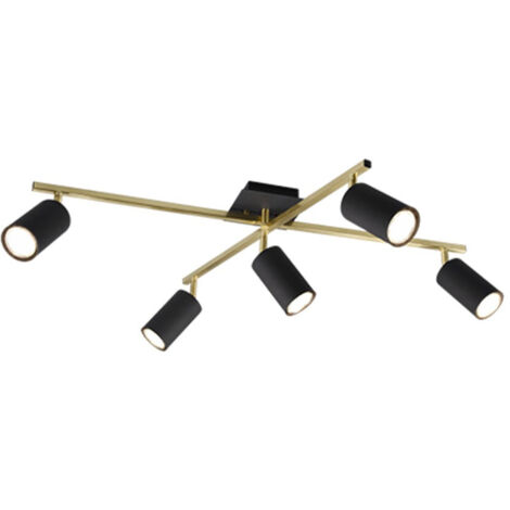MARLEY PLAFONIERA 2 BARRE ORIENTABILI ORO CON 5 SPOTS CILINDRI NERO L.77,4CM 5 LUCI ATTACCO GU10