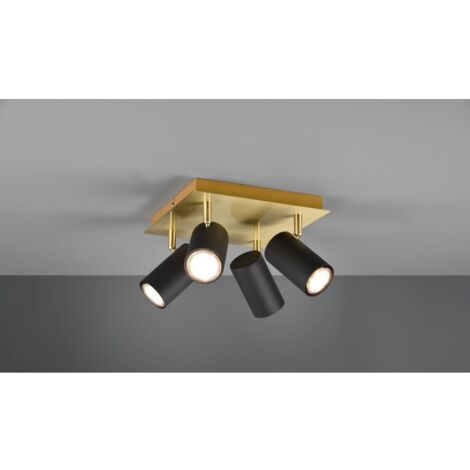 MARLEY PLAFONIERA QUADRATA  BASE ORO 4 SPOTS CILINDRI NERO 24X24CM 4 LUCI ATTACCO GU10
