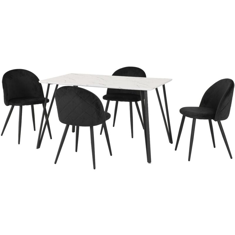 Marlow Dining Set White Marble Effect 4 Black Velvet Chairs