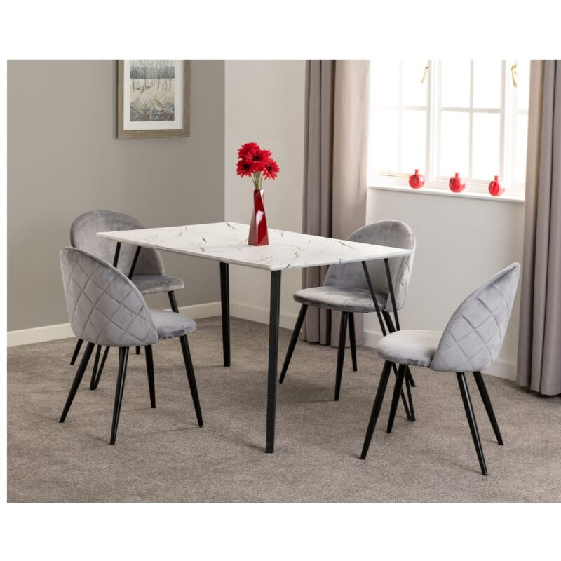 Marlow Dining Set White Marble Effect 4 Velvet Chairs Grey