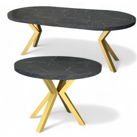 Marmor Esstisch Rund Ausziehbar Ø110/210 cm Schwarz mit Goldenen X-Metallbeinen