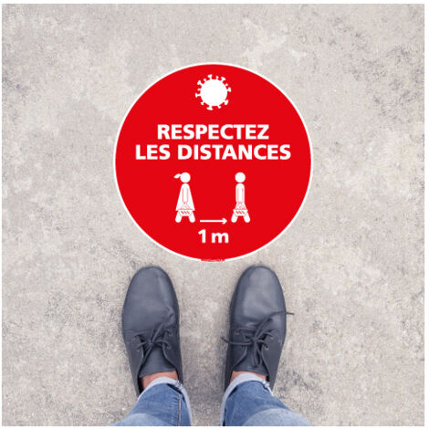 MARQUAGE AU SOL ADHESIVE COVID 19 CORONAVIRUS - RESPECTEZ LES DISTANCES - GESTES BARRIERES - Distance de 1m50 - Diamètre 250 mm