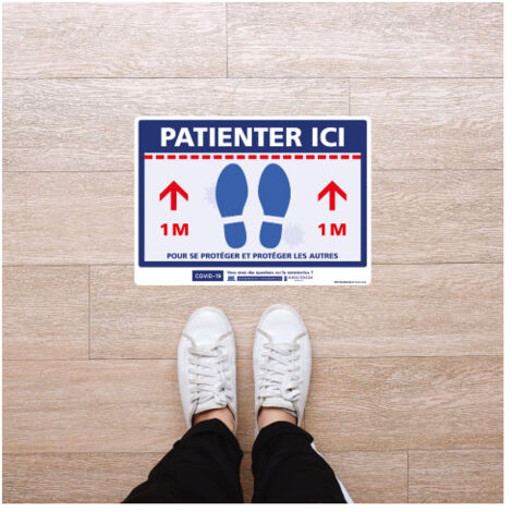 MARQUAGE AU SOL COVID 19 ADHESIVE SPECIAL CORONAVIRUS . MAINTIEN D'UN DISTANCE DE SECURITE . PATIENTER ICI . SIGNALETIQUE COVID1. Distance de 2m .  - Distance de 2m