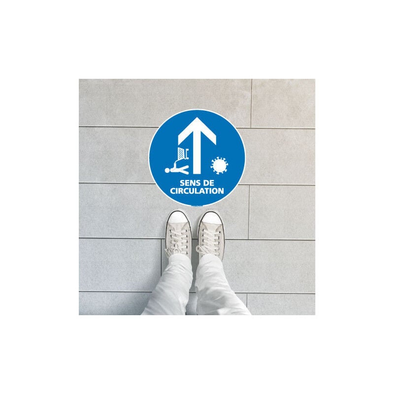 Marquage de sol covid 19 coronavirus special commerces - sens de circulation - fleche vers le haut (O0109) - Diamètre 450 mm