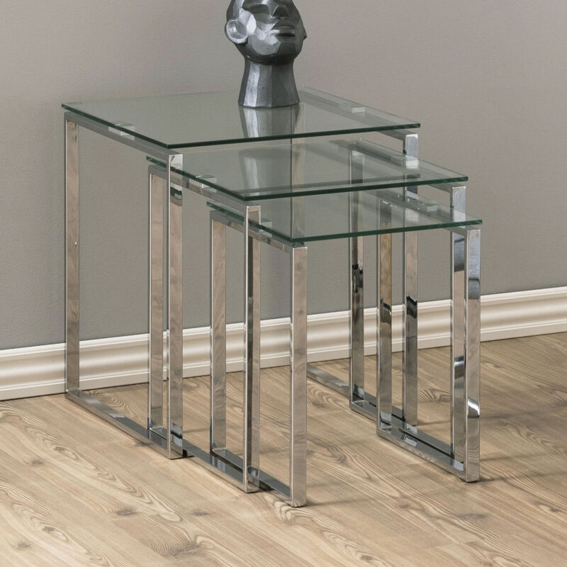 Ac Design Furniture - Lot de 3 tables gigognes en en verre et métal chromé - odelya