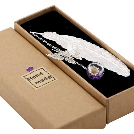 Marque-page décoratif en forme de plume, finition argentée avec papillon et cristal violet, coffret cadeau