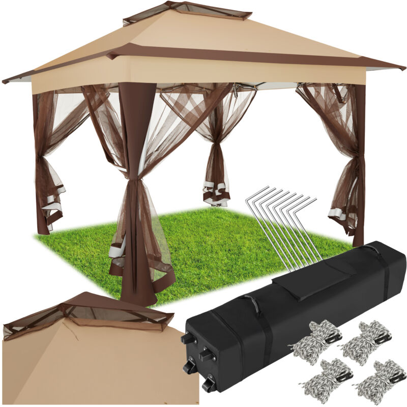 Tectake - Gazebo Carabobo - 3.64 x 3.64 x 2.94 m, 4 side panels , water-repellent roof, uv protection - Folding gazebo, pavilion, garden tent - brown