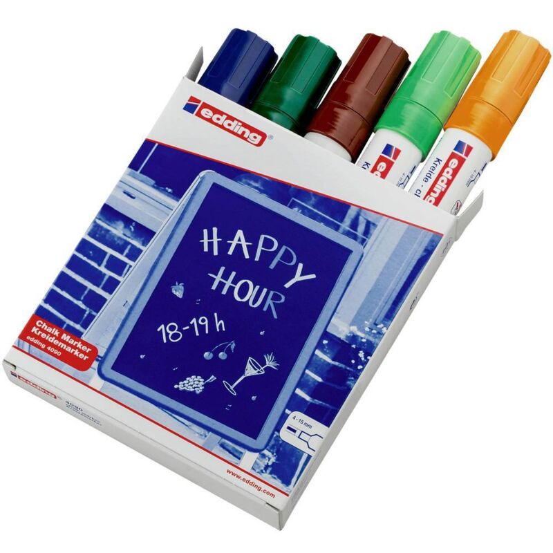 4090 4-4090099 Marqueur craie bleu, vert, marron, vert clair, orange fluorescent 4 mm, 15 mm - Edding