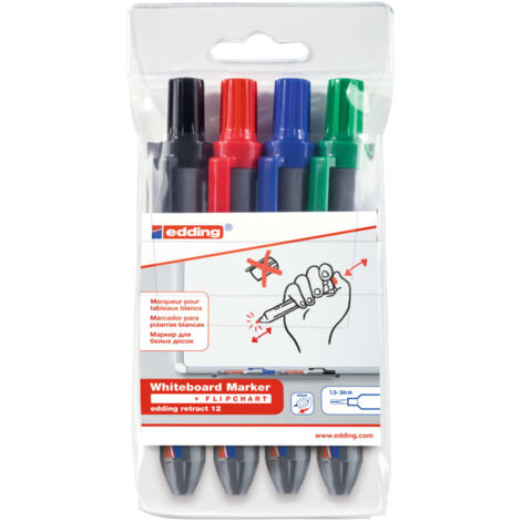 Marqueur rétractable pour tableaux blancs e-12, largeur d'écriture de 1,5 à 3 mm pochette de 4 coloris - EDDING