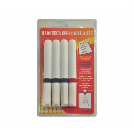 Marqueurs effaçables à  sec assortis pointe 5,2 mm. Blister de 4 : 1 rouge, 1 bleu, 2 noirs