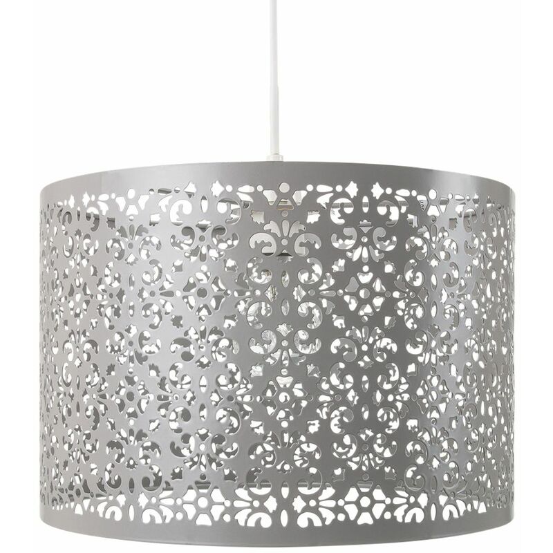 Marrakech Designed Soft Grey Metal Pendant Light Shade with Floral Decoration by Happy Homewares