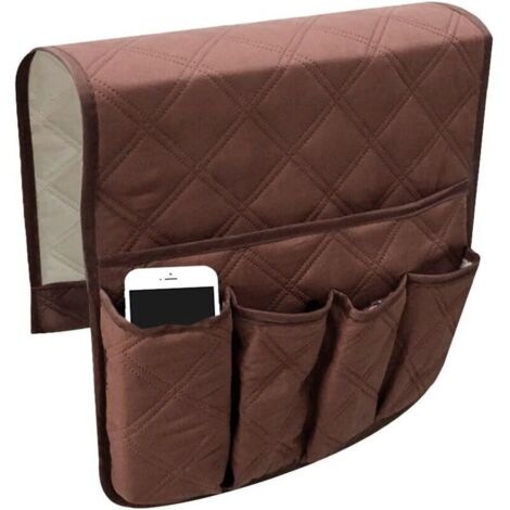 (Marron) Organiseur d'accoudoir de chaise, housse de canapé, poches suspendues peu encombrantes, sac de rangement antidérapant pour téléphone, livres, magazines, télécommande de télévision