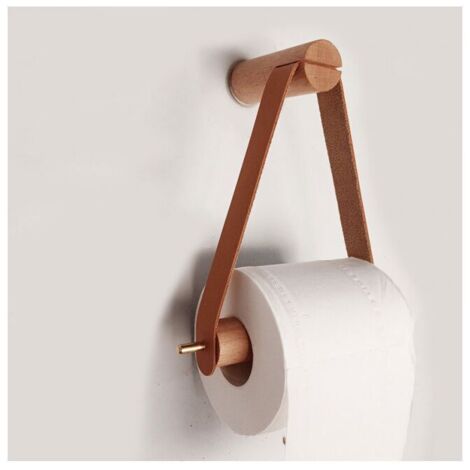 (Marrón) Portarrollos de papel higiénico, portarrollos de madera, portarrollos retro para montaje en pared, cocina, baño, WC, nórdico, madera de haya, tirador de cobre, cuero