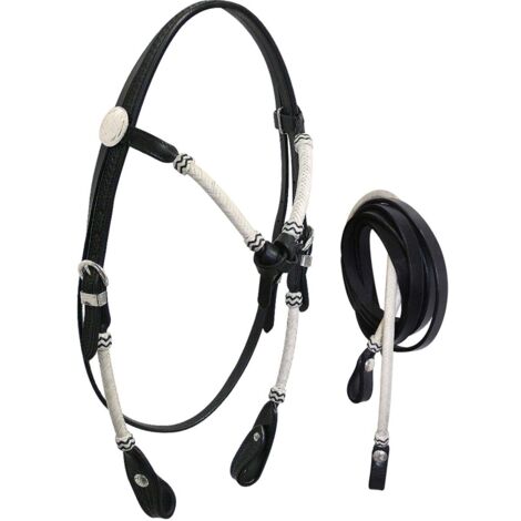 marrone - Briglia western in cuoio decorazione basket e inserti in rawhide con redini